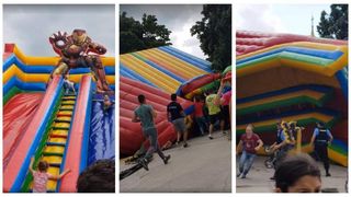 Imagini socante! Mai multi copii au fost luati pe sus cu tot cu toboganele gonflabile in Caracal