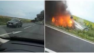 Imagini incredibile! O masina s-a rasturnat si a luat foc la Constanta! Doua persoane se aflau in automobil!
