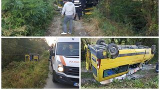 Un microbuz scolar, plin cu elevi, s-a rasturnat in sant la marginea Hunedoarei. La volan era un sofer de 70 de ani care a adormit la volan - Mai multi elevi au ajuns la spital