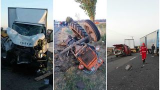 Accident cu trei victime &icirc;n Vrancea, după ce un TIR, un tractor şi o autoutilitară s-au ciocnit pe DN2