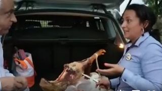 VIDEO Ministrul Daea mananca jambon din portbagajul unei masini, laudand "savoarea si gustul" carnii de porc din rasa Bazna