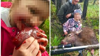 Un vanator din Noua Zeelanda a postat o fotografie cu fiica lui, alaturi de prima sa captura. Fetita de 8 anisori musca din inima cruda a animalului
