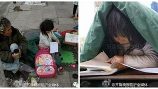 Imagini emotionante: O fetita isi face temele pe strada in frig, in timp ce cerseste alaturi de tatal sau. Familia este foarte saraca, iar mama are probleme psihice