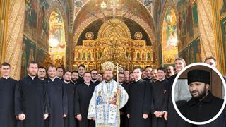 Episcopul Husilor, alaturi de corul Episcopiei, din care facea parte si preotul Ursac (in medalion)