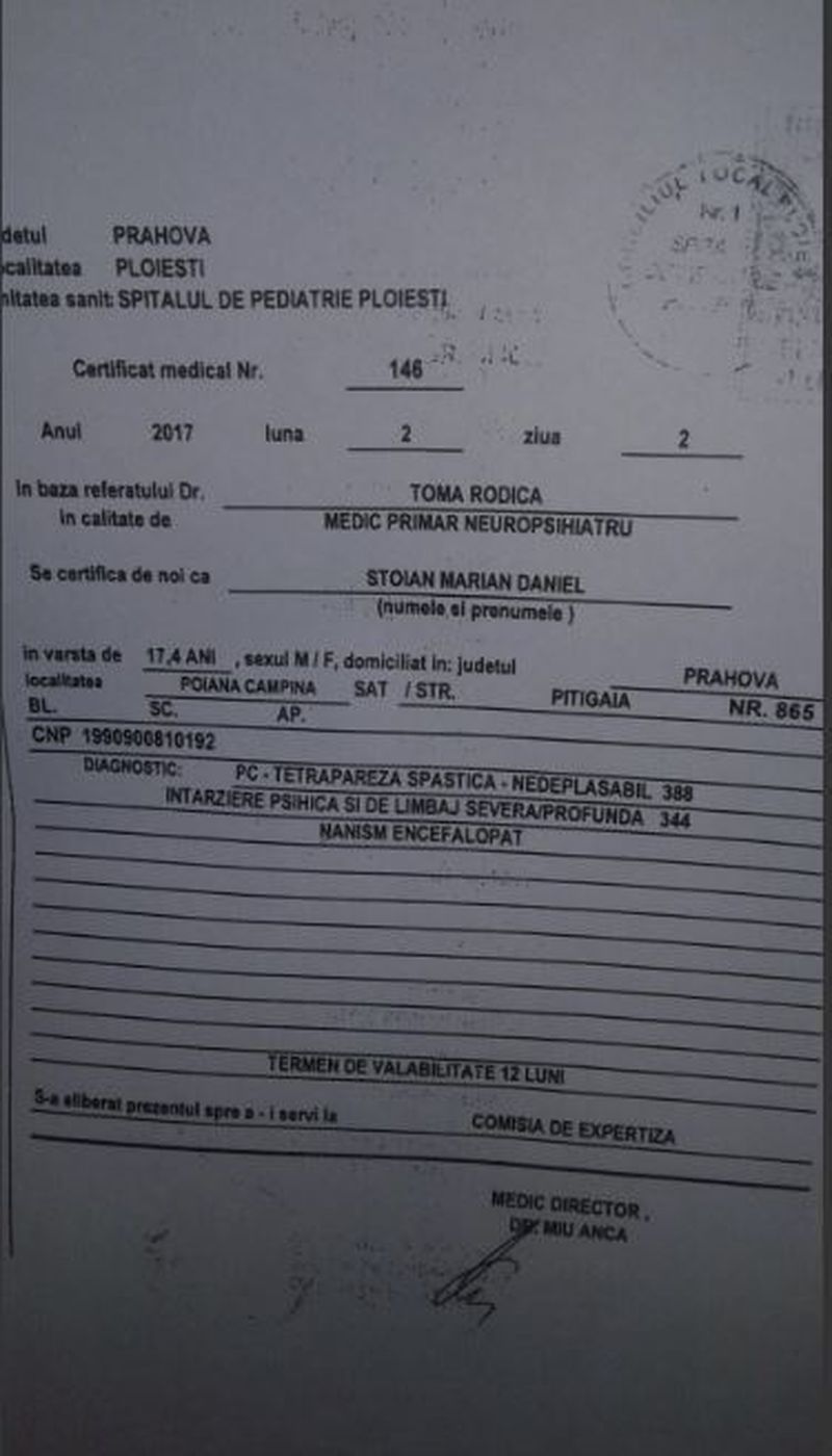 Acesta este certificatul medical al lui Daniel Stoian