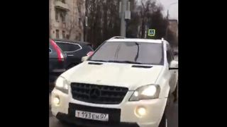Imagine socanta! Un urs matur este plimbat cu un Mercedes alb, in Rusia