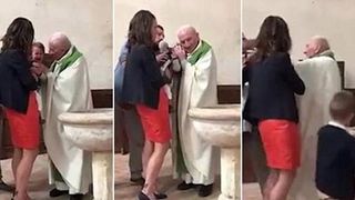 VIDEO SFASIETOR! Bebelus, batut de preot inainte de a fi botezat