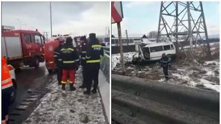Accident cu 7 victime la Bascov! Un microbuz  plin cu pasageri  a derapat și s-a oprit &icirc;ntr-un st&acirc;lp de electricitate