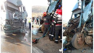 Accident &icirc;ntre două TIR-uri &icirc;n judeţul Hunedoara. Unul dintre şoferi a rămas &icirc;ncarcerat