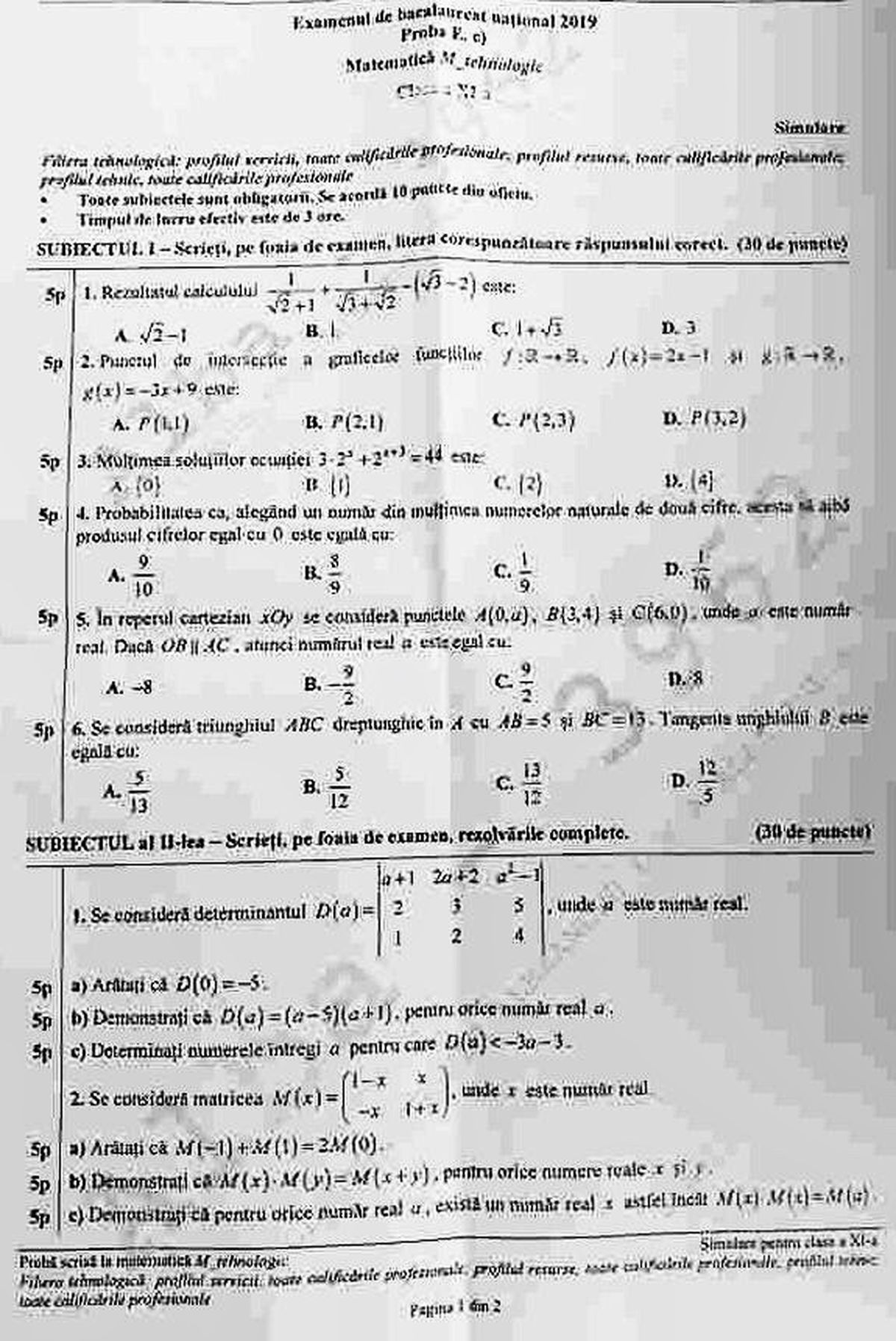 Simulare Bac 2019 Matematică Subiecte Si Barem Real Si Uman