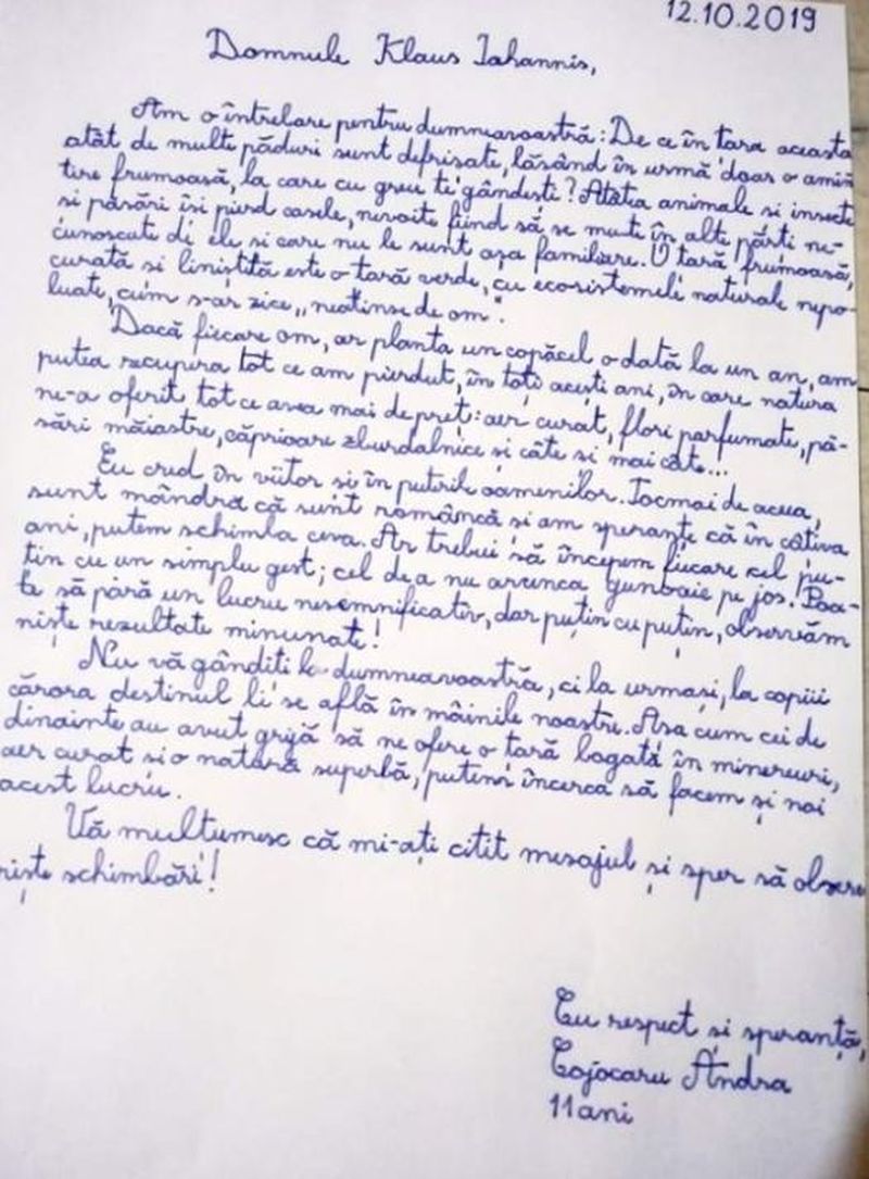 Scrisoarea unui copil de 11 ani către Iohannis: „Nu vă gândiţi la dumneavoastră, ci la urmaşi... Cu respect şi speranţă"