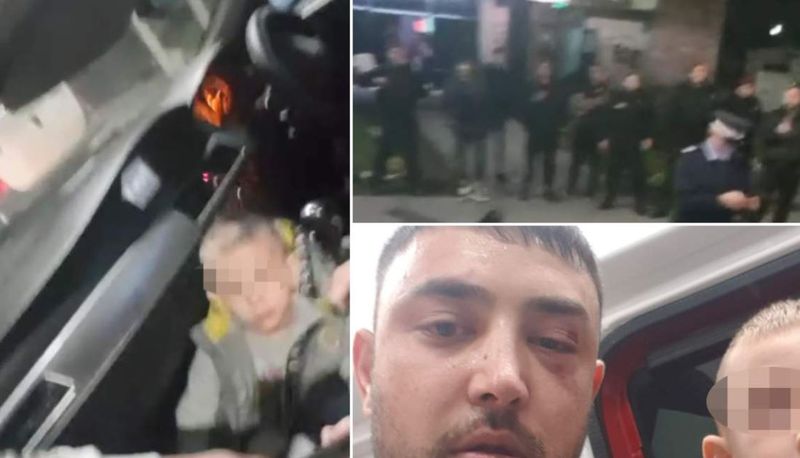 Scene șocante în care un copil de trei ani este gazat de agenţii unei firme de pază din Caracal. Tatăl este bătut în fața lui, pe stradă