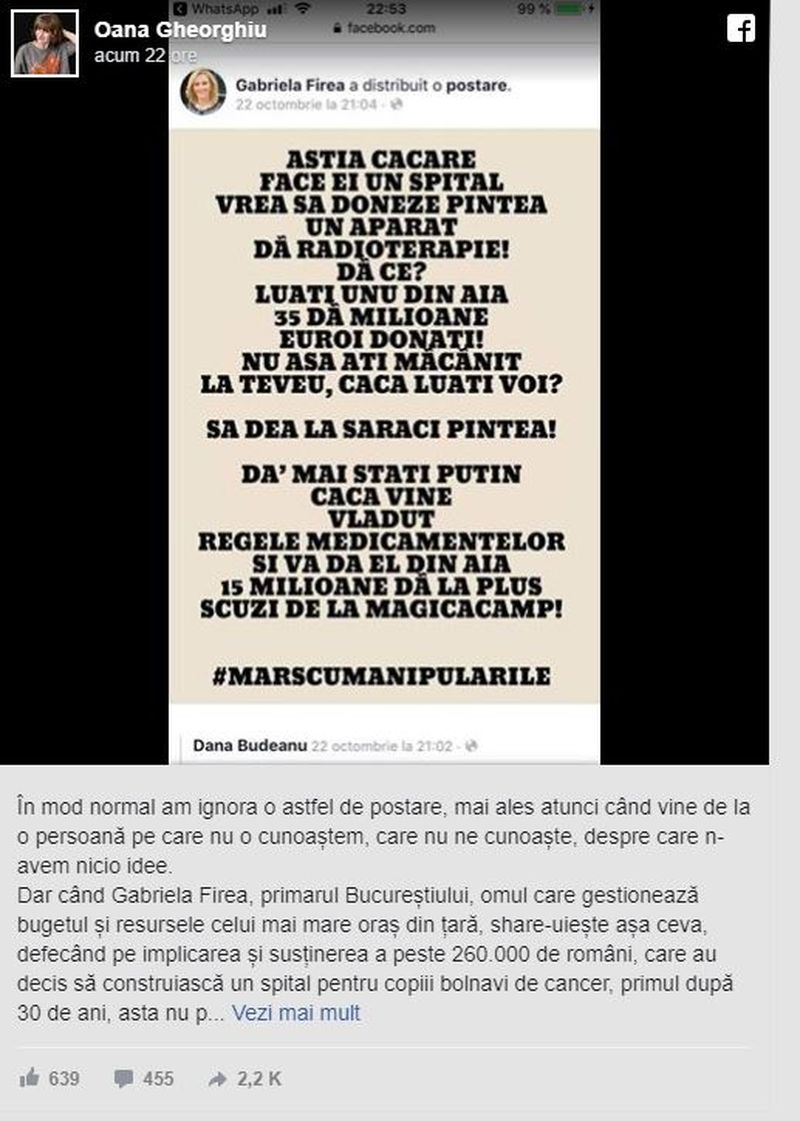 Gabriela Firea - mesaj ofensator la adresa spitalului pentru copii bolnavi de cancer