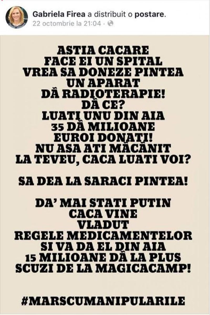 Gabriela Firea - mesaj ofensator la adresa spitalului pentru copii bolnavi de cancer