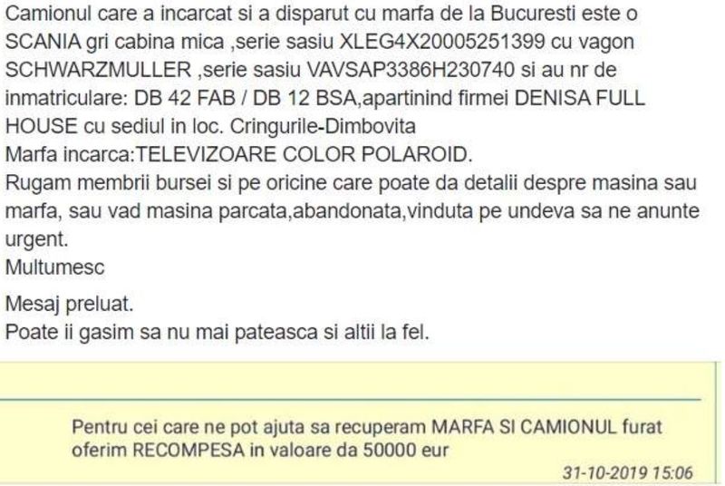 Recompensă 50.000 € pentru găsirea unui șofer dispărut cu un tir plin de marfă
