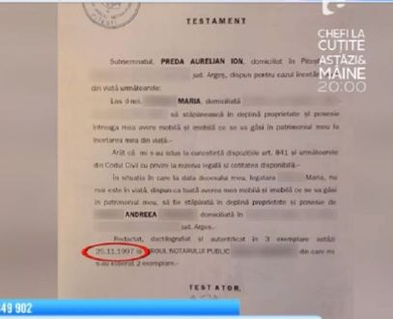 Testamentul lui Aurelian Preda a fost făcut public. Fata lui nu este menționată în act