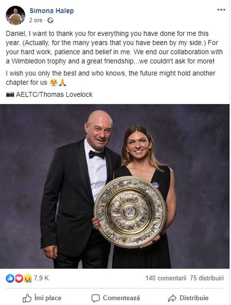 Simona Halep s-a despărţit de antrenorul Daniel Dobre: Ne încheiem colaborarea cu un trofeu la Wimbledon şi o mare prietenie… nu puteam cere mai mult