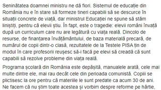 Dacian Cioloș: &bdquo;Seninătatea doamnei ministru al Educației, Monica Anisie, ne dă fiori. Sistemul de educație din Rom&acirc;nia nu e &icirc;n stare să formeze tineri capabili să se descurce &icirc;n situații concrete de viață&rdquo;