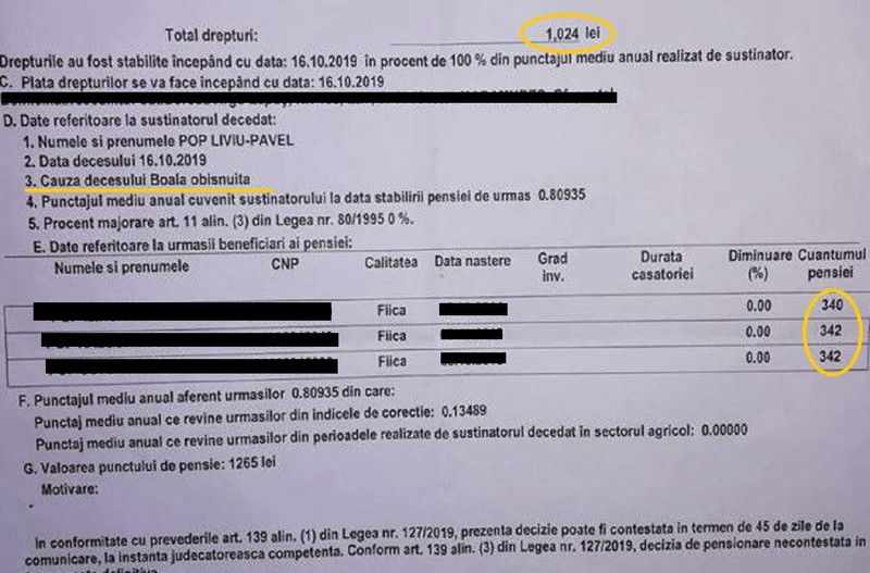 Documentul pensiei de urmaș a pădurarului ucis de hoții de lemne arată ca acesta a murit de o ”boală obișnuită”
