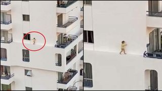  Imagini terifiante cu o fetiță care merge pe bordura &icirc;ngustă a fațadei unei clădiri la etajul 4