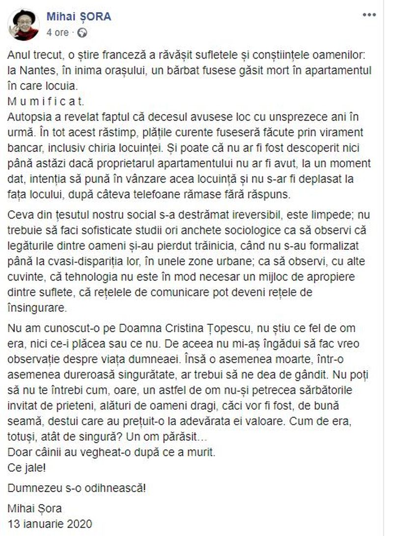 Mihai Șora despre Cristina Țopescu: „O asemenea moarte, într-o asemenea dureroasă singurătate, ar trebui să ne dea de gândit.