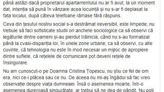 Mihai Șora despre Cristina Țopescu: „O asemenea moarte, într-o asemenea dureroasă singurătate, ar trebui să ne dea de gândit.
