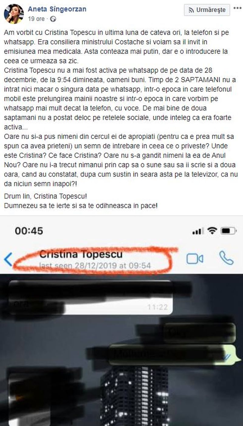 Vezi când și-a folosit Cristina Țopescu telefonul mobil pentru ultima oară înainte să moară