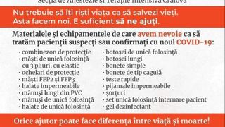 Spitalul Județean din Craiova are nevoie de echipamente de protecție