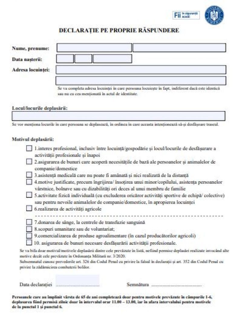 declaratie pe proprie raspundere model online pdf de printat