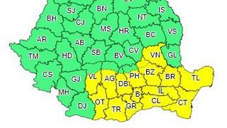 Cod galben de vânt puternic, în Muntenia, Dobrogea, sud-vestul Moldovei şi estul Olteniei