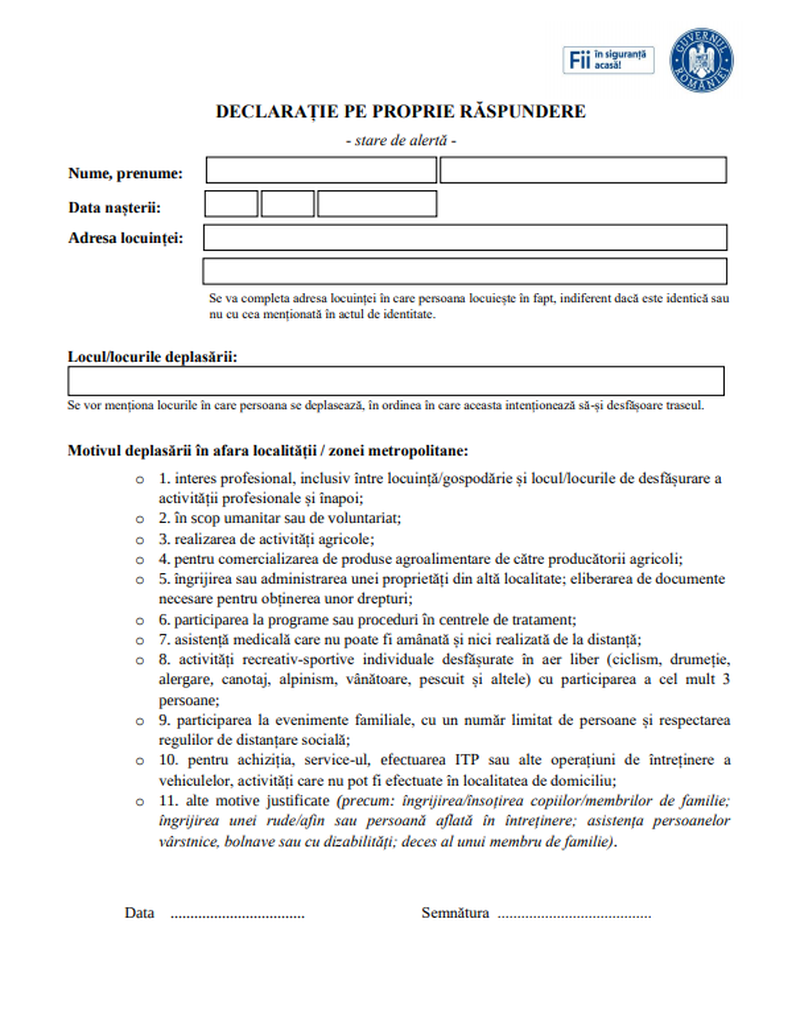 Formular STS 15 mai - Declaratie pe proprie raspundere