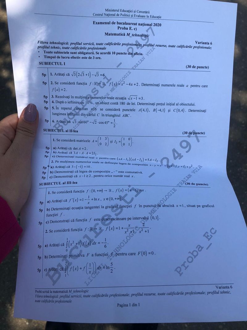 Subiecte Matematică M2 2020, profil tehnologic