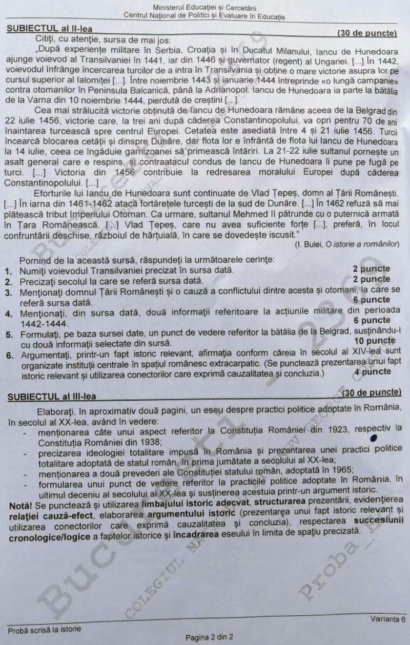 EDU.ro Subiecte Istorie BAC 2020 varianta 6