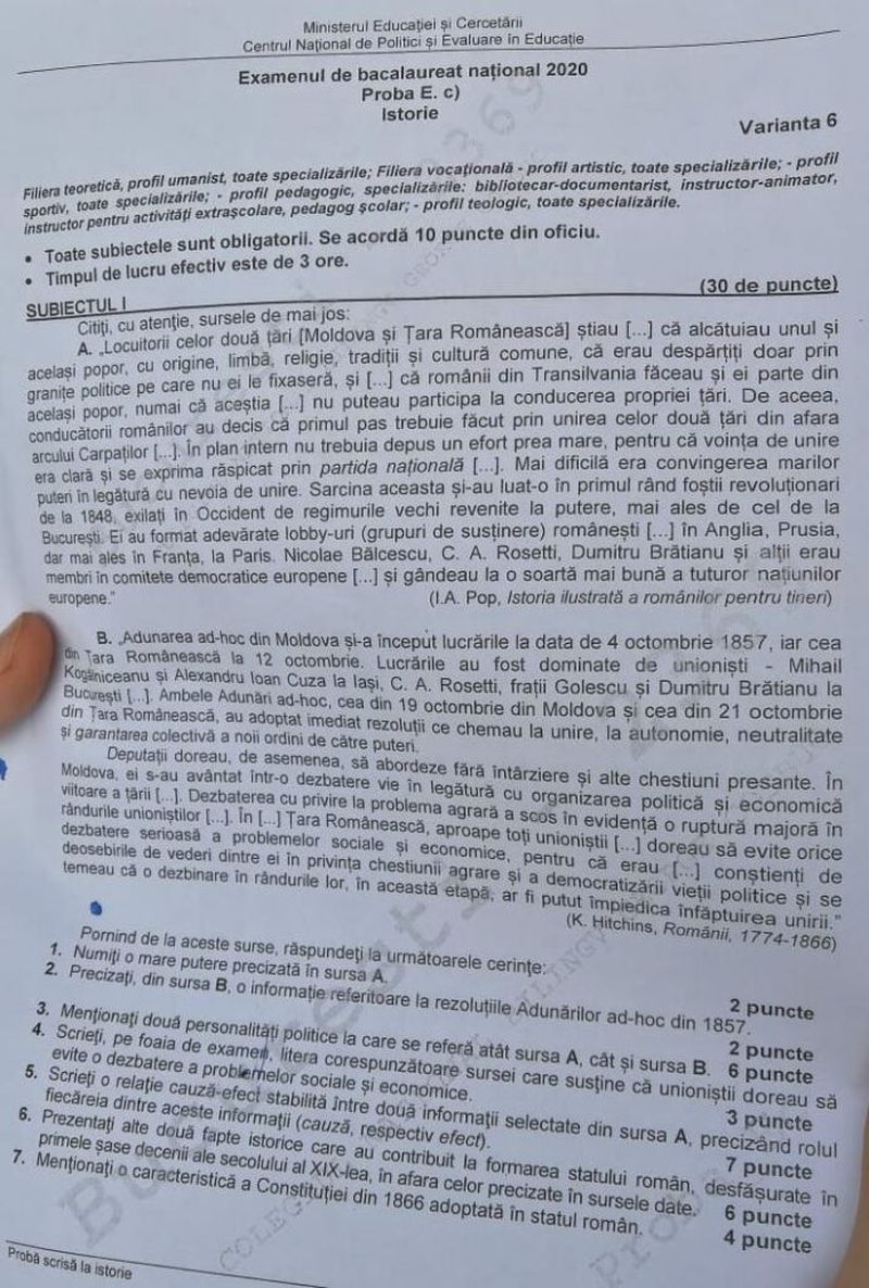 EDU.ro Subiecte Istorie BAC 2020 varianta 6