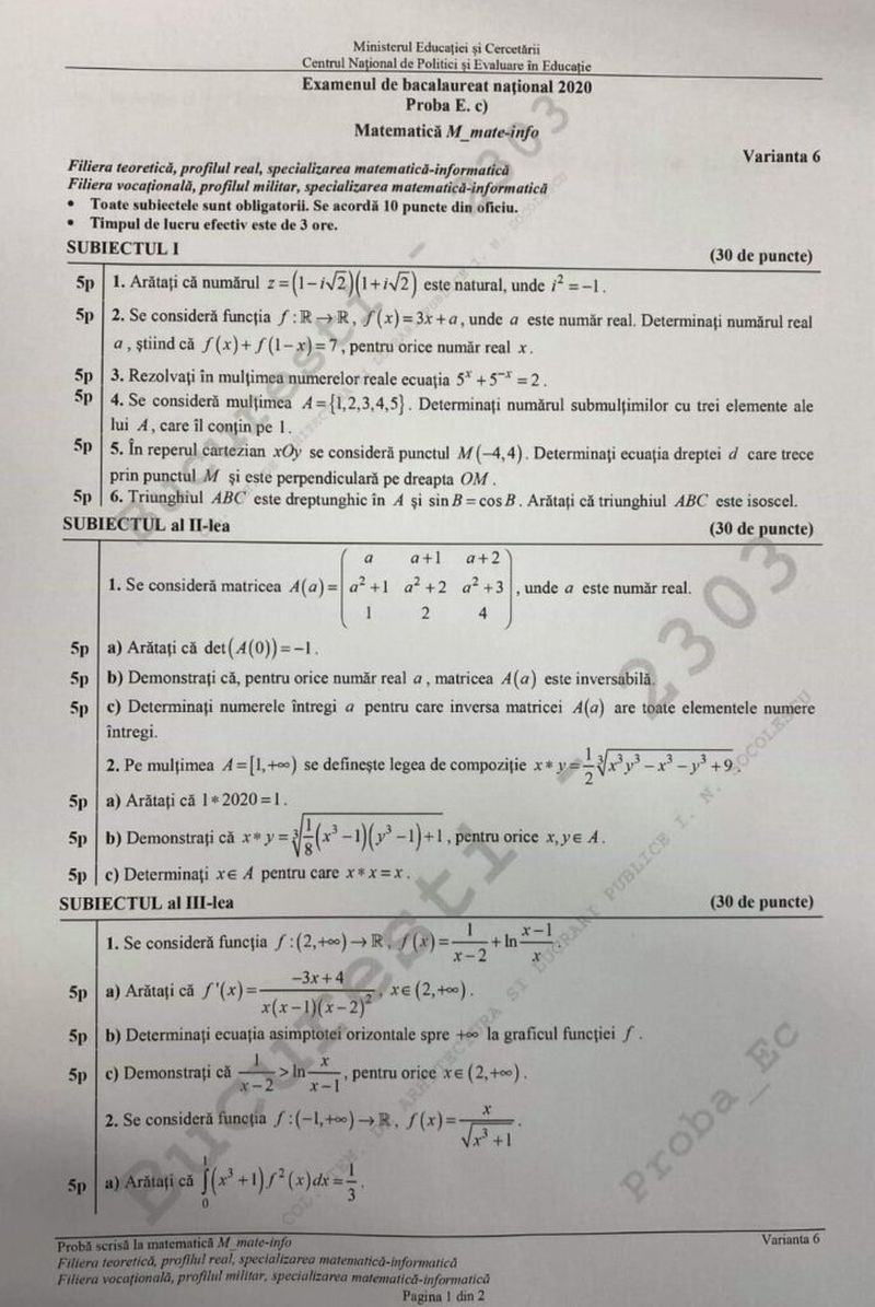 Subiecte  BAC 2020 Matematică M1, profil mate-info