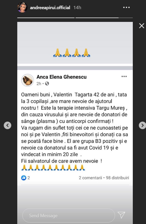 Mesajul postat de Andreea Pirui pe Instagram despre un caz umanitar