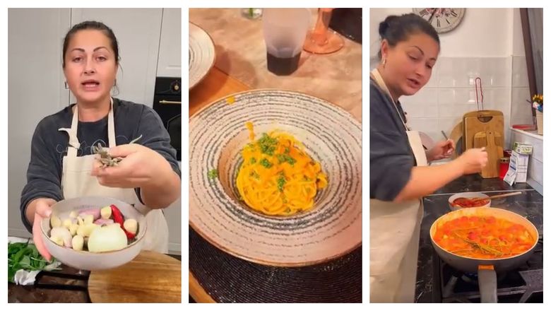 „Punem un praf de zahăr ca să li se ducă din aciditate și să nu fie acrișor sosul.” Rețeta Gabrielei Cristea de spaghete cu roșii cherry, mozzarella și parmezan aromatizat cu busuioc