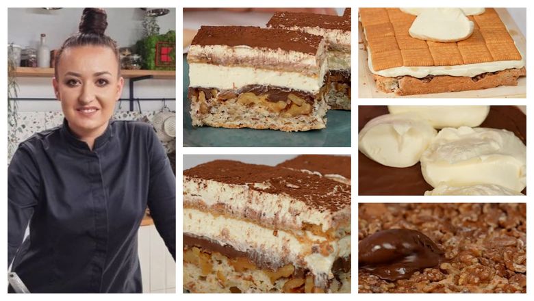 Prăjitură cu nucă, ciocolată și biscuiți, rețeta Roxanei Blenche. „Este senzațională. Este foarte bună, texturată și aromată!”