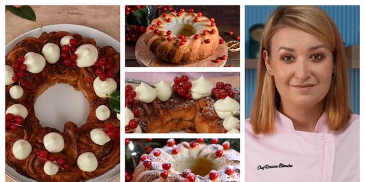 Coroniță decorată cu cremă de brânză și merișoare, preparată de Roxana Blenche! Desertul surpriză care se poate afla pe masa de Crăciun: 