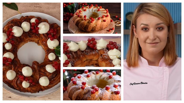 Coroniță decorată cu cremă de brânză și merișoare, preparată de Roxana Blenche! Desertul surpriză care se poate afla pe masa de Crăciun: "Eu am optat pentru a face mini globuri deasupra, merișoare și frunze verzi!"
