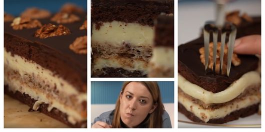 Prăjitură imperială, cu două blaturi, cremă de ciocolată și nucă, desertul pregătit de Roxana Blenche. “O prăjitură senzațională, cremoasă și delicioasă, cu diferite texturi.”