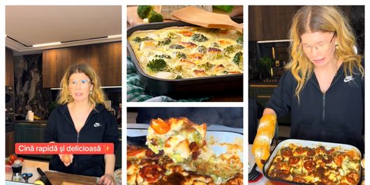 Piept de pui la cuptor cu broccoli, rețeta pregătită de Diana Matei. “Se taie ceapa rondele, parmezan pe deasupra și cam așa arată.”