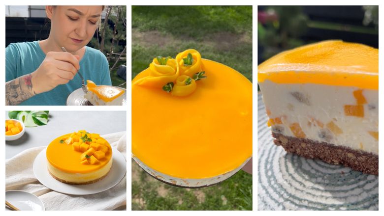 Cheesecake cu mango și fructul dragonului, desertul pregătit de Roxana Blenche. „Aveți un gust exotic, l-am decorat, e delicios.”