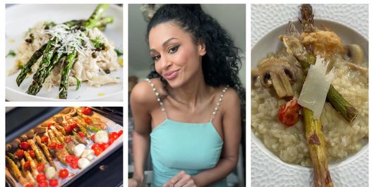 Risotto  cremos cu sparanghel și ciuperci, rețeta pregătită de Majda Aboulumosha. “Băgăm la cuptor până când sparanghelul e fraged și ușor rumenit.”