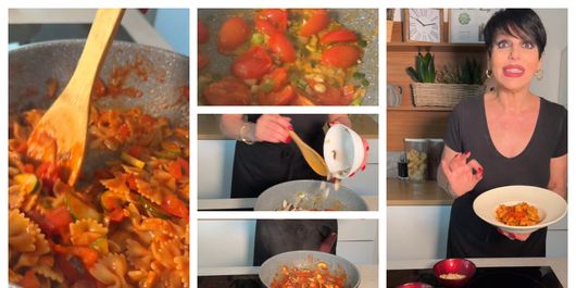 Paste Primavera cu caju, rețeta pregătită de chef Patrizia Paglieri. “Lăsăm până legumele se înmoaie”.