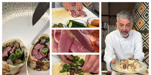 Wrap din piept de rață și carne de vită, cu sos de muștar, rețeta pregătită de chef Joseph Hadad. “De preferat carnea să fie gătită medium.”