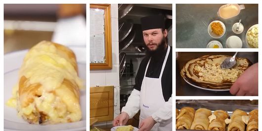 Clătite bucovinene la cuptor, umplute cu brânză și stafide, rețeta pregătită de părintele Mănăstirii Putna.  “Înainte de a le da la cuptor, le acoperim cu o folie de aluminium.”