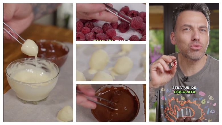 Secretul lui chef Ștefan Popescu pentru zmeura învelită în două straturi de ciocolată. “Ciocolata trebuie să fie de foarte bună calitate.”