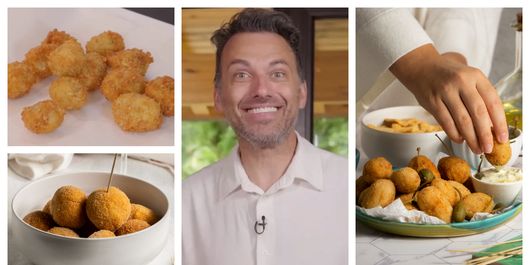 Măsline pane, umplute cu brânză de capră, rețeta pregătită de chef Ștefan Popescu. „Se dau măslinele prin făină, se dau prin ou.”