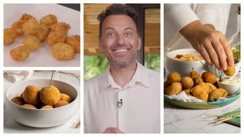 Măsline pane, umplute cu brânză de capră, rețeta pregătită de chef Ștefan Popescu. „Se dau măslinele prin făină, se dau prin ou.” Măsline pane, umplute cu brânză de capră, rețeta pregătită de chef Ștefan Popescu. „Se dau măslinele prin făină, se dau prin ou.”